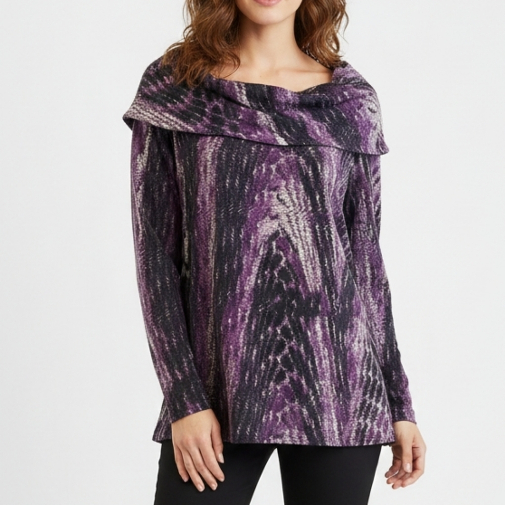 Laura Cowl Neck Snake Print Knit Light Sweater Fall Pullover Purple Python